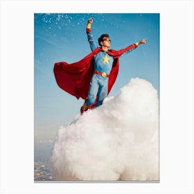 1980s Style Superhero Clad In Vintage Pilot Attire Soaring Above Cloud Banks Cotton White Cumulo (2) Canvas Print