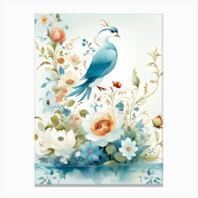 Blue Bird With Flowers Canvas Print