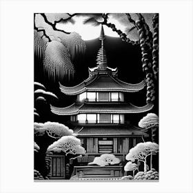 Ninna Ji Temple, Japan Linocut Black And White Vintage Canvas Print