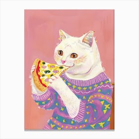 Cute White Cat Eating Pizza Folk Illustration 2 Canvas Print