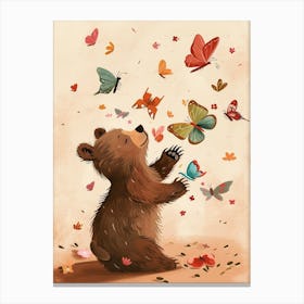 Brown Bear Cub Playing With Butterflies Storybook Illustration 1 Canvas Print