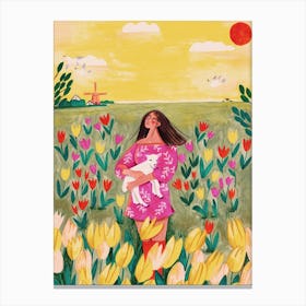 Woman in Tulips Field Canvas Print