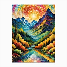 Underneath a Rainbow Sky ~ Stained Glass and Mosaic Colorful Landscape of Mountains, Sunshine, Trees and Lake Canvas Print