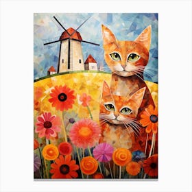 Two Wide Eyed Cats In A Floral Field With A Medieval Windmill Canvas Print