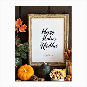 Cursive Calligraphy Depicting Happy Holidays Nestled Among A Vintage Wood Framed Composition Feat (1) Canvas Print