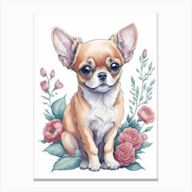 Cute Floral Chihuahua Dog Portrait Painting (1) Canvas Print