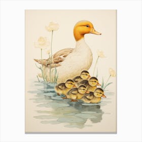 Group Of Ducklings Japanese Woodblock Style 1 Canvas Print