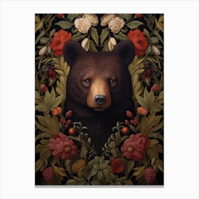 Black Bear Portrait With Rustic Flowers 2 Canvas Print