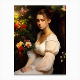 Portrait Of A Young Woman in a garden of flowers wearing an edwardian victorian white dress beautiful portrait Canvas Print
