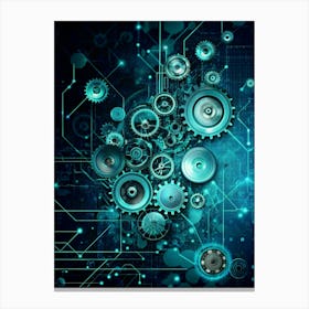 A Collection Of Metal Gears Of Different Sizes Interconnected On A Dark Blue Background With Glowing Lines And Circuitry Patterns Canvas Print