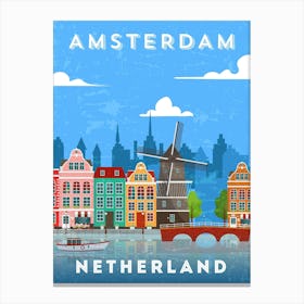 Amsterdam, Netherlands/Holland — Retro travel minimalist poster, retro travel art Canvas Print