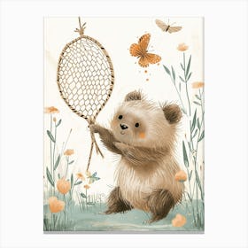 Sloth Bear Cub Playing With A Butterfly Net Storybook Illustration 1 Canvas Print
