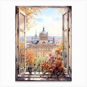 Window View Of Budapest Hungary In Autumn Fall, Watercolour 4 Canvas Print