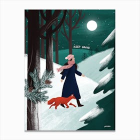 Woman And Fox Walking In Snowy Woods, Keep Going Canvas Print