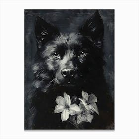 Black Dog With Flowers 1 Canvas Print