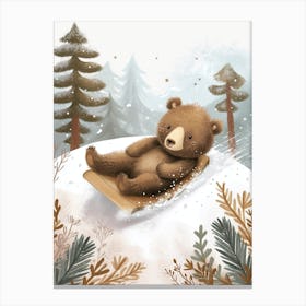 Sloth Bear Cub Sliding Down A Snowy Hill Storybook Illustration 2 Canvas Print