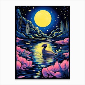 Linocut Style Duckling In The Lake Under The Moonlight 3 Canvas Print