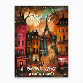 Paris, Romantic Capital, folk naive and whimsical poster Canvas Print