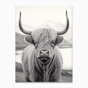 Black & White Illustration Of Highland Cow With Lake In The Background Canvas Print