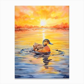 Duck Swimming In The Lake At Sunset Watercolour 2 Canvas Print