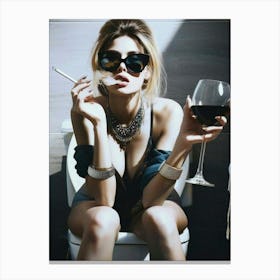 Woman Smoking And Drinking Wine On Toilet Canvas Print