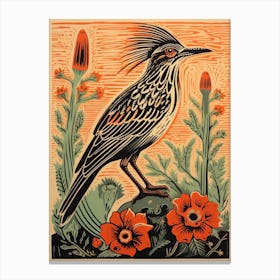 Vintage Bird Linocut Roadrunner 3 Canvas Print