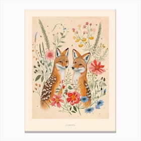 Folksy Floral Animal Drawing Coyote 3 Poster Canvas Print