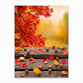 Autumnal Tableau In Vibrant Watercolor Leaves In Shades Of Crimson Orange And Gold Aflutter Amids Canvas Print