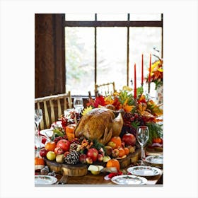 Thanksgiving Feast In A Cozy Rustic Kitchen Centerpiece With A Vintage Dress Patterned Tablecloth Canvas Print