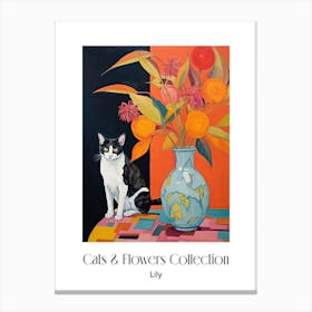 Cats & Flowers Collection Lily Flower Vase And A Cat, A Painting In The Style Of Matisse 0 Canvas Print