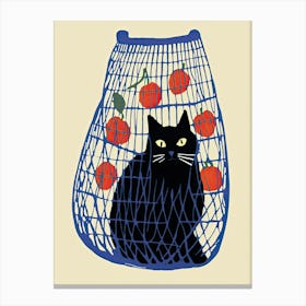 A Black Cat In A Blue Bag With Oranges Canvas Print