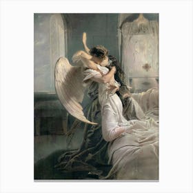 "Romantic Encounter" (1864) by Hungarian artist Mihály von Zichy (1827–1906) is a Romantic masterpiece depicting an intimate embrace between a mortal woman and an angel. Often referrred to as "The Kiss" or perhaps inspired by Cupid-Psyche mythology, here both Angel and Human appear to be experience the greatest of love and passion, yet suffer from the illicit union starting to wither at their lifeforce. Blending earthly passion with divine allure, it showcases Zichy's mastery of light and shadow to heighten its ethereal intensity. The original, crafted in ink and white heightening, was last auctioned by Sotheby's in 2010 and remains in a private collection, adding mystery to this evocative work. Canvas Print