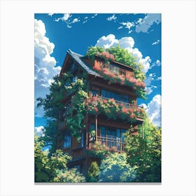 Anime Scene In Style Of Studio Ghibli Shows Cozy Building With Balcony Covered With Flowers Canvas Print