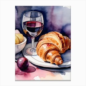 Croissant and Wine watercolor painting 16 Canvas Print