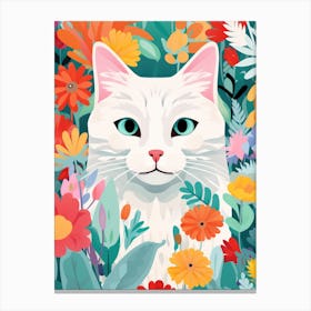 White Cat In Flowers 3 Canvas Print