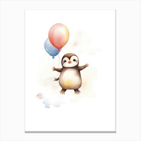 Baby Penguin Flying With Ballons, Watercolour Nursery Art 1 Canvas Print