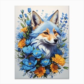 Blue Fox With Blue Flowers Print Canvas Print