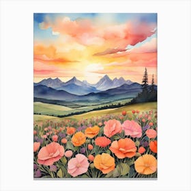 Default A Painting Of A Sunset Over A Field Of Flowers And Mou 0 3 Canvas Print