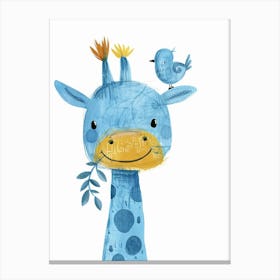 Small Joyful Giraffe With A Bird On Its Head Canvas Print