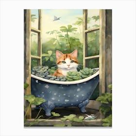 Japanese Bobtail Cat In Bathtub Botanical Bathroom 3 Canvas Print