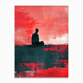 Person Sitting On A Rock, Red Minimalism Canvas Print