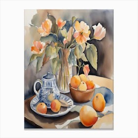 Watercolor Of Oranges And Flowers Canvas Print