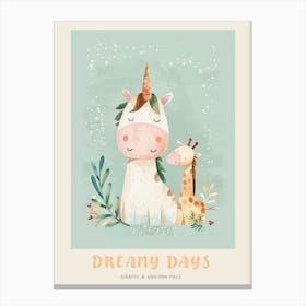 Giraffe & Unicorn Pastel Storybook Style 3 Poster Canvas Print