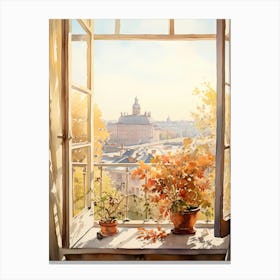 Window View Of Belgrade Serbia In Autumn Fall, Watercolour 4 Canvas Print