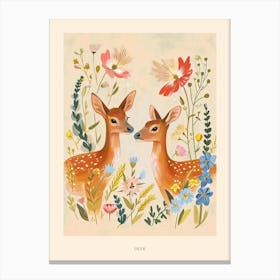 Folksy Floral Animal Drawing Deer 2 Poster Canvas Print