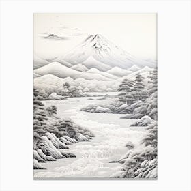 The Japanese Alps In Multiple Prefectures, Ukiyo E Black And White Line Art Drawing 2 Canvas Print