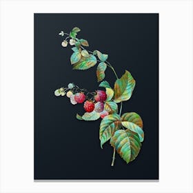 Vintage Red Berries Botanical Watercolor Illustration on Dark Teal Blue Canvas Print