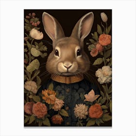 Rabbit Portrait With Rustic Flowers 1 Canvas Print