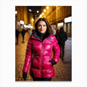 Woman in down jacket, walking in luminous city at night 6 Canvas Print