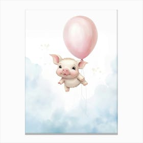 Baby Tea Cup Pig Flying With Ballons, Watercolour Nursery Art 3 Canvas Print